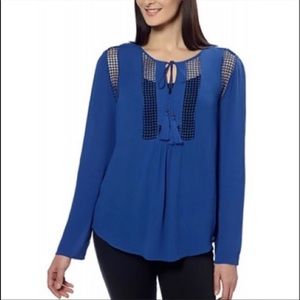 NWT Blue boho tassel ties long sleeve top